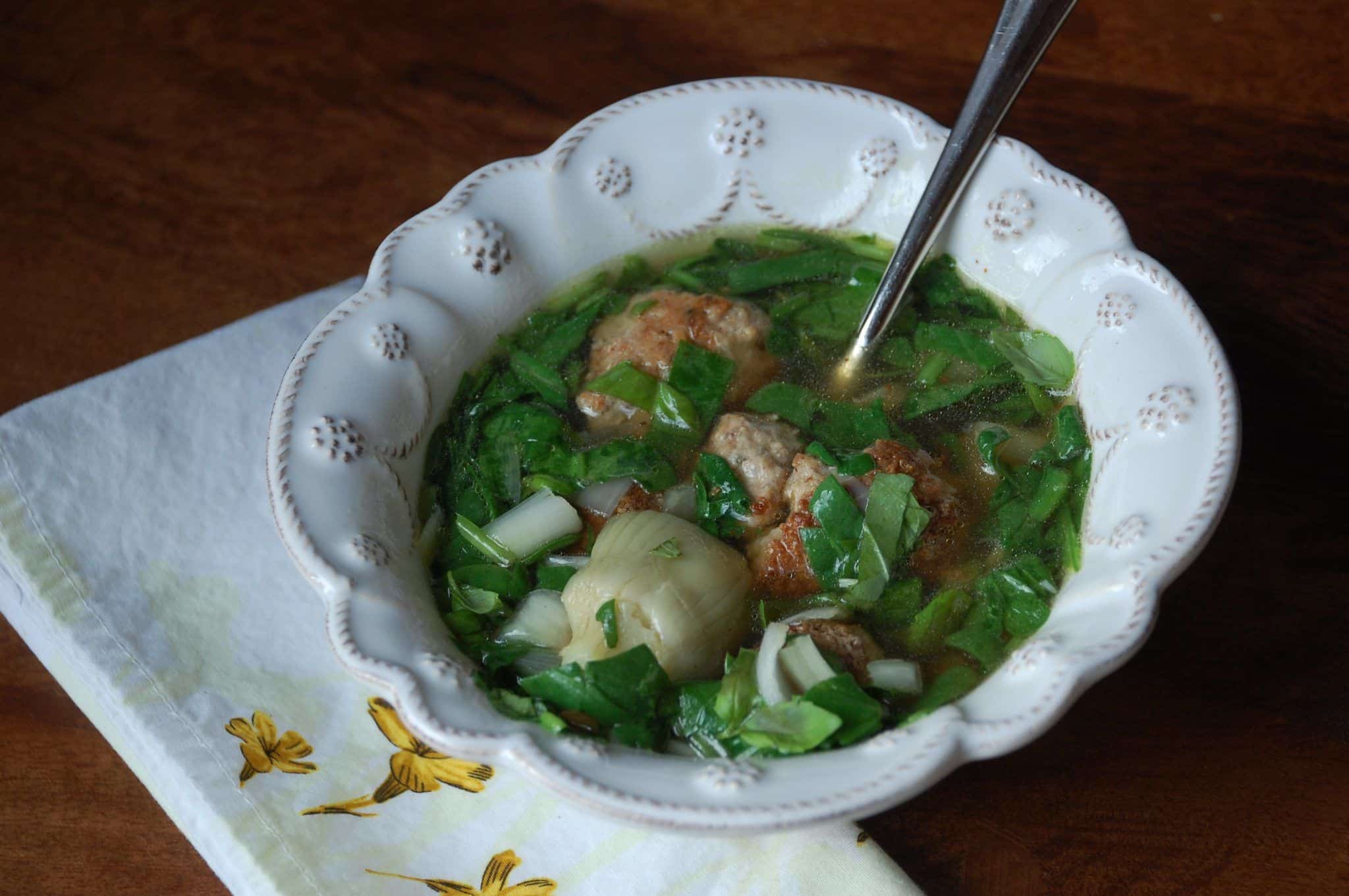 Italian Turkey Meatball, Spinach & Artichoke Heart Soup • Nourish and