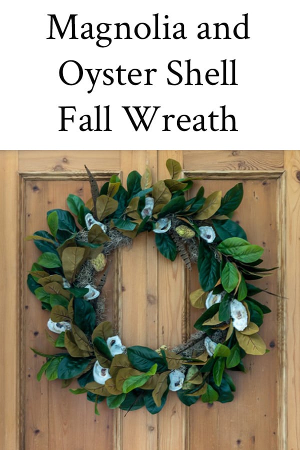 Illustrated instructions to make a fall wreath using oysters, magnolia leaves, magnolia seed pods and pheasant feathers. Perfect coastal wreath.
