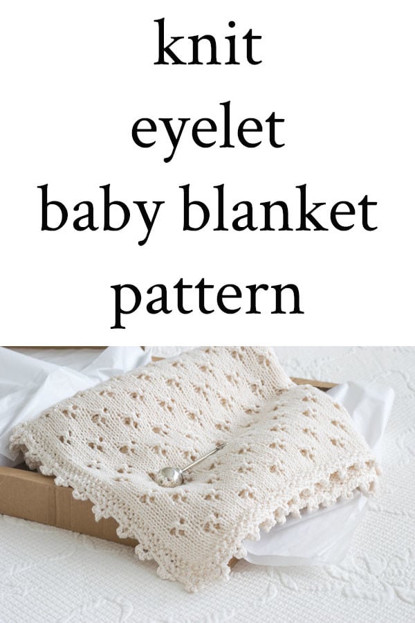 Pin showing cloverleaf eyelet baby blanket with silver rattle in a box.