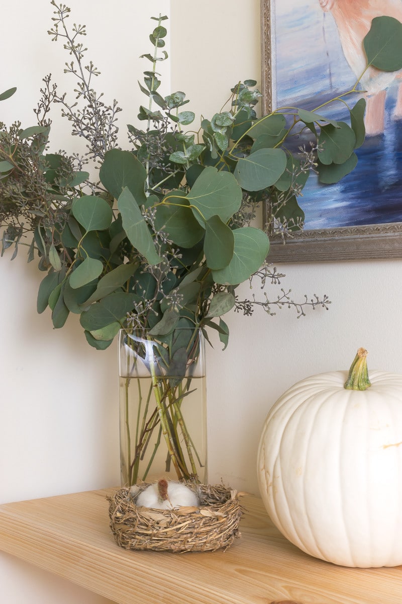 Fresh white pumpkin, seeded eucalyptus and a needle felted pumpkin...natural elements for your fall decor.