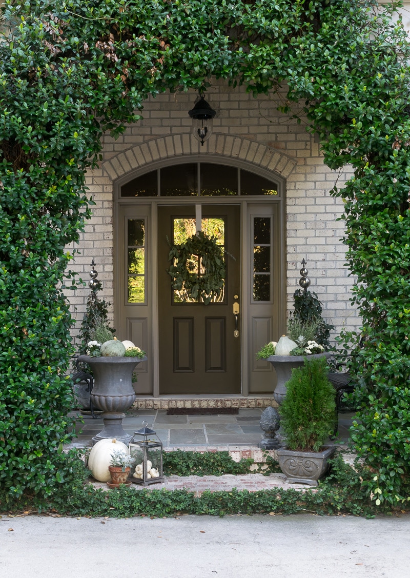 Fall Front Porch and Fall Container Gardens in shades of gray, green and white.