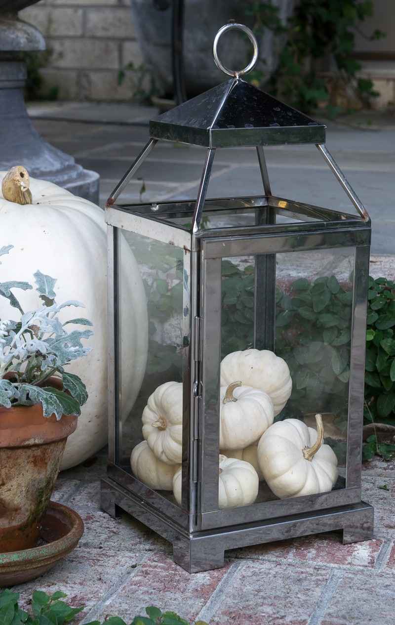 White mini-pumpkins for fall front porch.