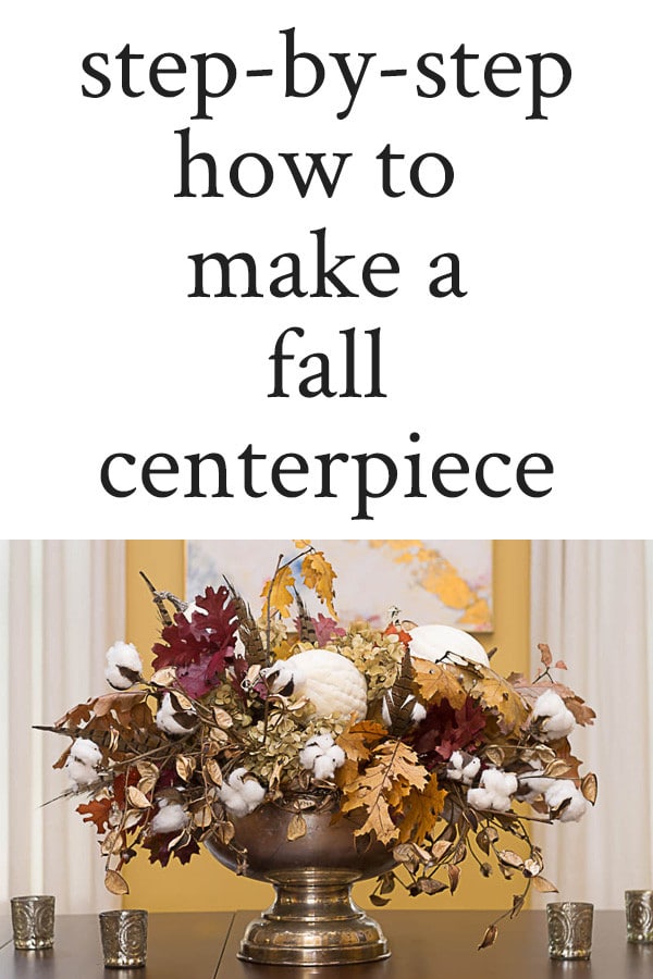 How to make a simple, loose and natural Fall Centerpiece using a punch bowl, cotton sprigs, preserved leaf branches, dried hydrangea and gourds.