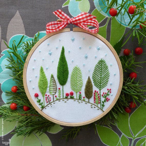 Embroidered trees and snowflakes.