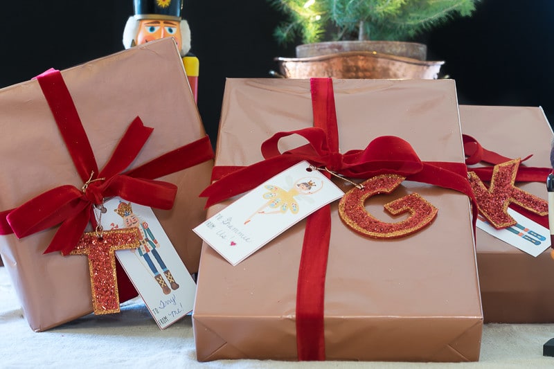 Copper Gift Wrapping with Glitter Initial Tags