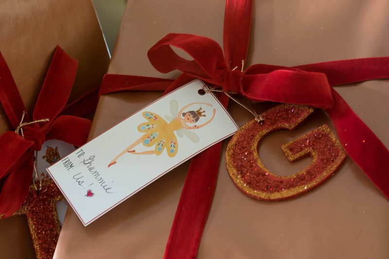 G Glitter Initial Tag with Copper Gift Wrapping and Nutcracker Gift Tags