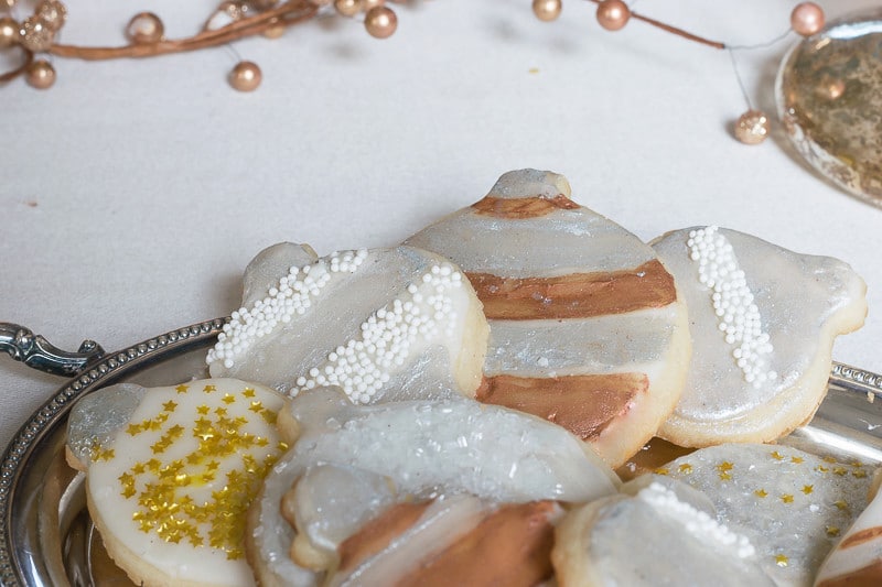Holiday baking planner: close up of decorated Mixed Metals Christmas Sugar Cookies - perfect Christmas baking recipe