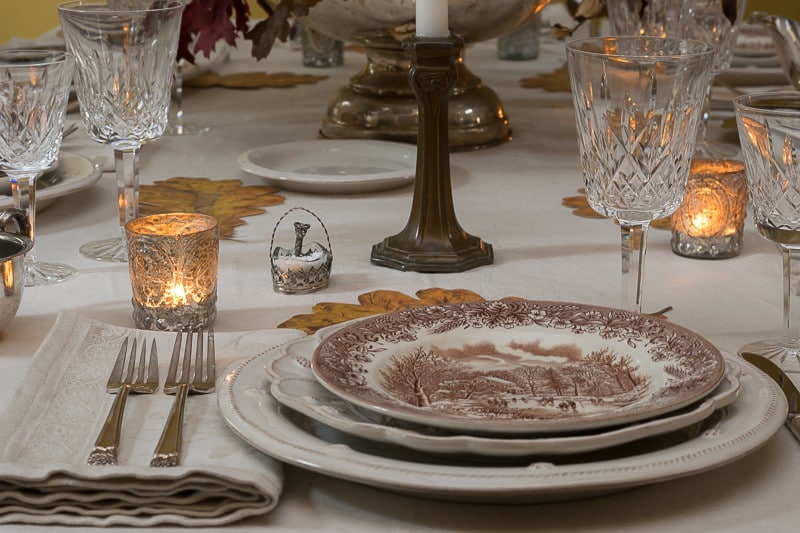 Thanksgiving table setting with Juliska Plates and Brown Transferware