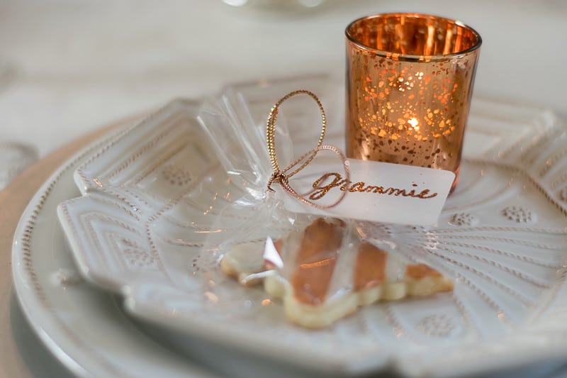 'mixed metals' sugar cookie placecard with copper glittered name tag