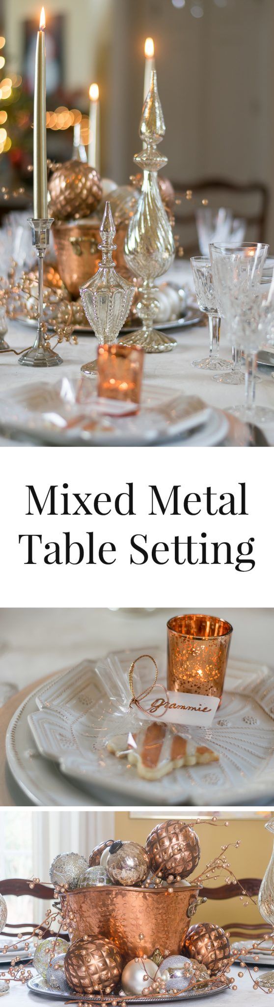 If you want to embrace copper but feel bad putting away your silver, then don't! I am all about mixing metals, letting them play off of each other and enhancing each other. This Mixed Metals Table Setting uses a combination of metals to achieve a warm and lustrous feel. Home Decor. Tablescape. Table Setting. Table Centerpiece. Holiday. Entertaining. Tablescapes Ideas. Christmas Tablescapes