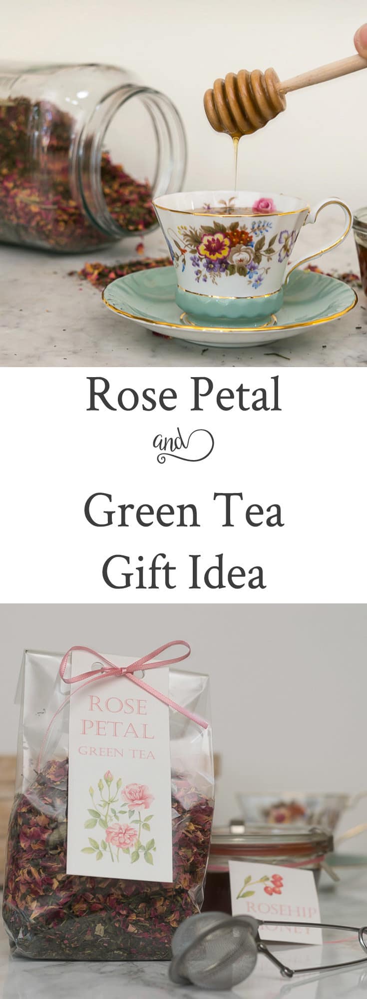 Need a gift for Valentine's (or Galentine's) Day? DIY this Rose Petals and Green Tea Gift with Rose Hip Honey. It is perfect for your tea loving friend and family. So very easy to make and personalize.