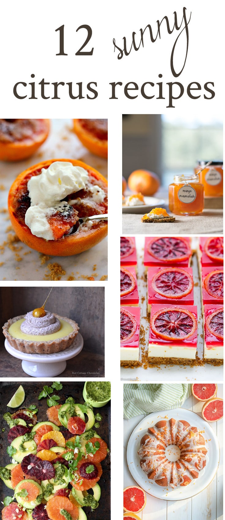 A curation of 12 sunny and delicious citrus recipes featuring oranges, lemons, grapefruits and limes in soups, salads, breakfast and dessert items.