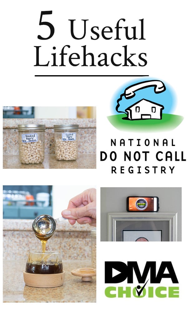 Tips and useful lifehacks on how to control the mail that is coming to you and phone calls made to your home, a handy level, freezing soaked beans and making honey and molasses easier to measure and pour.
