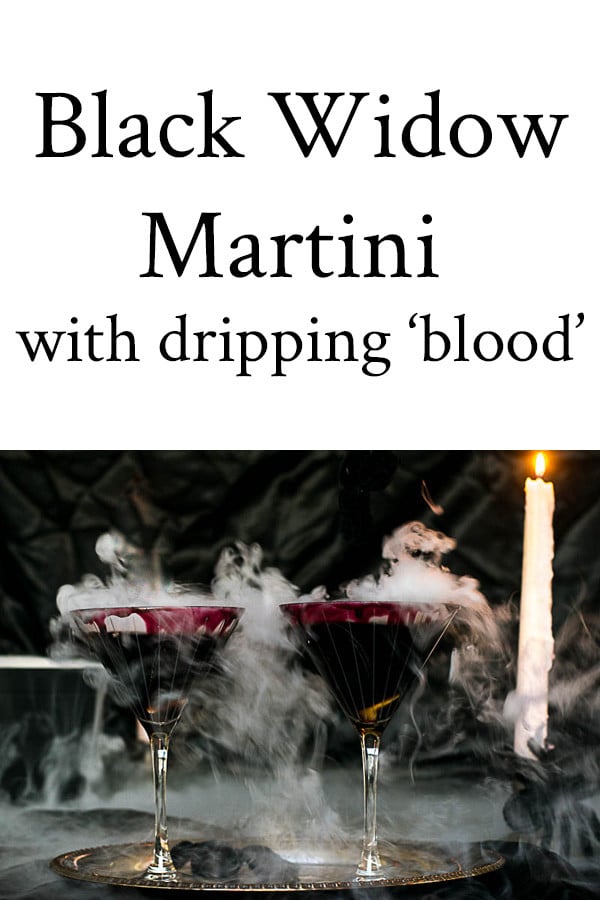 With a touch of food color, you can change a basic Cherry Martini to a perfect-for-Halloween Black Widow Martini, complete with cauldron style smoke and dripping'blood' down the side of the glass. #halloween #halloweenparty #halloweenparties #beverages #cocktails #black #martini