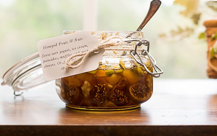 Jar of Honeyed Fruits and Nuts with tag